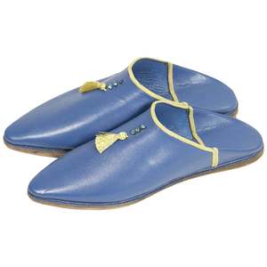 Biyadina Khemissa pour femme, style babouches marocaines, en daim, avec doublure en cuir véritable, semelle intercalaire en caoutchouc, couleur bleu marine et jaune, pointure 5, pour la maison - Product Image 1
