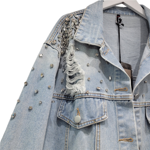 Long Sleeve Lapel Pocket Button Cardigan Women Denim Jacket Beaded <b>Rivet</b> Washed Fashion Ladies Coat Streetwear Outerwear - Product Image 3