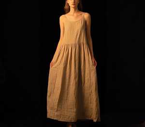 Linen Spaghetti-Strap Maxi Dress with Back Elastic Waist Summer Sundress Boho <b>Beach</b> Linen Maxi Dress for Women Handmade Dress - Product Image 1