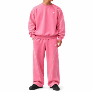 Wholesale Men's <b>Pink</b> Rhinestone Trim Tracksuit Set 2PC Crewneck <b>Sweatshirt</b> Wide Leg Pants Cotton Fleece Custom Logo Manufacturer - Product Image 1