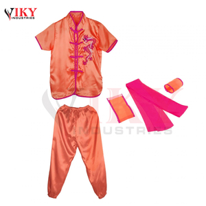 Ensemble uniforme de Kung Fu en satin orange pour enfants et adultes, avec logo personnalisé, vente en gros, manches courtes, broderie de dragon, costume d'arts martiaux Tai Chi - Product Image 2