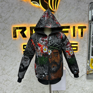 เสื้อฮู้ดดี้โอเวอร์ไซส์แบบซิปเต็มตัว สไตล์สตรีทแวร์ พิมพ์ลายกราฟิกทั่วตัว ผ้าฝ้ายฟลีซเนื้อหนา - Product Image 1