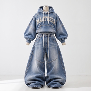 <b>Womens</b> Light <b>Blue</b> Washed Denim Hoodie And Extra Baggy Wide Leg <b>Jeans</b> Set Cropped Streetwear Custom Wholesale Supplier - Product Image 3