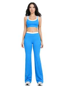 Custom Women <b>Blue</b> White Contrast Sports Bra And Flare Pants Set High Waist Stretch Yoga Fitness Gym Wear Custom OEM Wholesale - Product Image 1