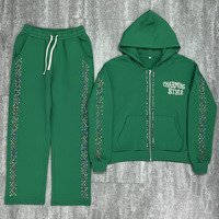 Ensemble de survêtement décontracté personnalisé avec fermeture éclair, effet vieilli, strass, 100 % coton, pantalon de survêtement ample et sweat à capuche, style streetwear, effet délavé