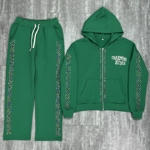 Custom Distressed Zip up Sweatsuit Rhinestone Baggy Sweatpants and Hoodie Sets Streetwear Washed <b>Tracksuit</b> Men - Product Image 1