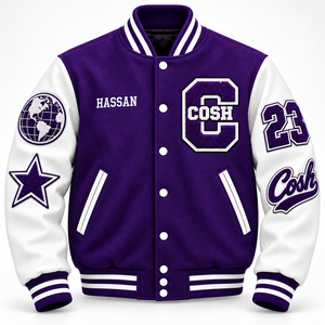 Chaqueta Varsity Personalizada de Lana Morada con Mangas de Cuero Blanco, Chaqueta de Béisbol Bordada con Letras - Product Image 2