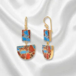 Blue & orange mohave copper turquoise <b>earring</b> gold electroplating <b>hook</b> dangle large size handmade half d shape wholesale Jewelry - Product Image 6