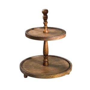 Premium Handcrafted 2-Tier Ribbed Wooden Cake Stand Sustainable Sheesham Wood Cupcake <b>Tower</b> & Dessert Display Stand On Sale - Product Image 3