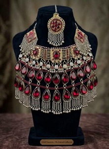 Ensemble de bijoux afghans traditionnels vert et or, collier et boucles d'oreilles vert émeraude tribales Kuchi, ensemble de mariée afghan ethnique vintage - Product Image 6