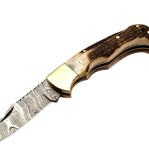 Couteau de chasse artisanal en acier D2 avec manche en os de chameau bleu teinté, lame fixe polie et étui en cuir marron - Product Image 4