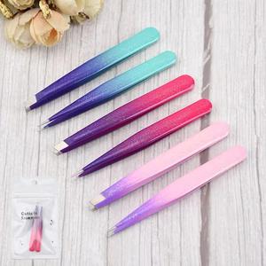 Pinzas para pestañas de acero inoxidable con punta suave y mango degradado, herramientas de maquillaje en rosa, azul y morado - Product Image 4