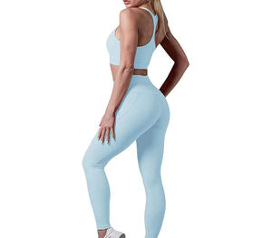 Ensemble de yoga pour femmes Active Fitness en gros – Tenue de sport sans couture 2 pièces personnalisée avec leggings à motif uni - Product Image 2