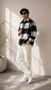 Camisa de Franela a Cuadros Blanca y Negra para Hombre, Manga Larga, Casual, con Botones y Cuello Camisero - Product Image 3