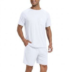 Ensemble t-shirt et short blancs pour homme, col rond, tricoté, respirant, tenue décontractée d'été, couleur unie, confortable à porter - Product Image 1