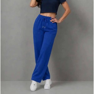 Pantalones Deportivos de Punto para Mujer, Color Azul, Pierna Ancha, Cintura Alta con Cordón, Corte Holgado Informal, Largos, Color Sólido - Product Image 1