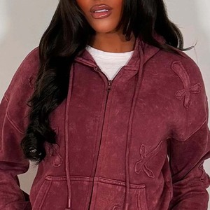 Women's Burgundy Hooded <b>Zipper</b> <b>Sweatshirt</b> & Matching Pants Set Casual Fleece Tracksuit Full Sleeve Solid Color Loose Fit - Product Image 4