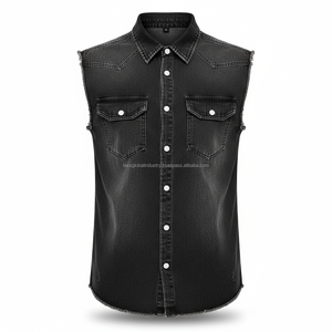 <b>Men's</b> Sleeveless Denim <b>Vest</b> <b>Black</b> Slim Fit Distressed Custom OEM Wholesale - Product Image 2