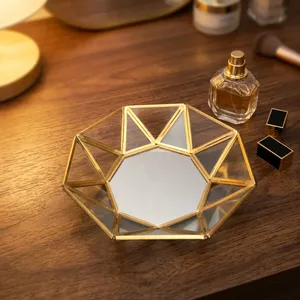 Artisan Design Brass Framed Geometric Glass <b>Storage</b> <b>Tray</b> Polygonal Minimalist Design Table Organizer Single Tier Jewelry TRA - Product Image 3