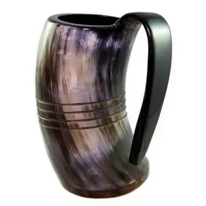 <b>Large</b> Engraved Drinking Horn <b>Cup</b> with Traditional Viking Style Design Featuring Handcrafted Finish Wooden Base - Product Image 1