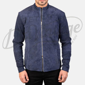 Chaqueta de cuero de ante azul marino para hombre, corte ajustado, piel de oveja auténtica, abrigo informal de moto para otoño e invierno, con cuello de banda y cremallera. - Product Image 1