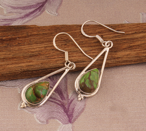 Boucles d'oreilles pendantes en turquoise verte naturelle, argent sterling 925, bijoux artisanaux en pierres précieuses, vente en gros, pierre verte matricielle unique - Product Image 3