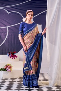 Sari indien en soie Tussar fantaisie à imprimé floral et travail en feuille d'or pour les occasions festives et de mariage, et également pour un usage décontracté pour les femmes. - Product Image 4