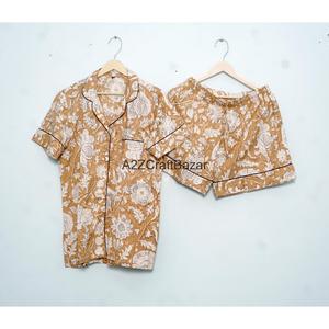Conjunto de Pijama Personalizado de Algodón Orgánico Puro, Transpirable, Suave, Elegante y Lujoso, con Cuello en V, Estampado Ikat, Manga Corta, Cintura Elástica, de Secado Rápido para Mujer - Product Image 2