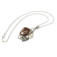 Pendentif chaîne en argent 925 avec pierres précieuses multiples : bronzite, pyrite, perle, quartz rutile doré, bijoux de mariage et de mode pour mariée