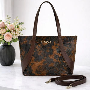 Sac fourre-tout tendance en cuir véritable de vachette à poils, avec fermeture éclair et broderie, couleur unie, style vintage pour femme, usage quotidien LHTB-0030D - Product Image 1