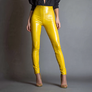 Leggings de Cintura Alta de Piel Sintética PU Transpirables y Antibacterianos para Mujer, Color Amarillo Brillante, Ropa Exterior, 180g - Product Image 4