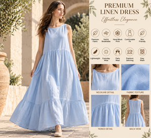 Vestido Maxi Casual Premium de Algodón y Lino Transpirable, Sin Mangas, con Cuello Escalonado, Fluido, para Verano, Playa, Vacaciones, Resort, Venta al por Mayor - Product Image 6