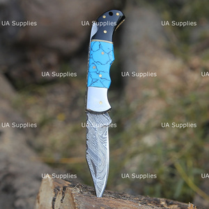 UA Supplies Luxury Industrial Grade Damascus Steel Back <b>Lock</b> Clip Point Folding Knife Turquoise Gemstone Handle Handmade Hunting - Product Image 2