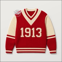 Nouveau pull en tricot plat rouge à col en V pour femme DST, broderie 1913, style vintage, manches longues, automne/hiver