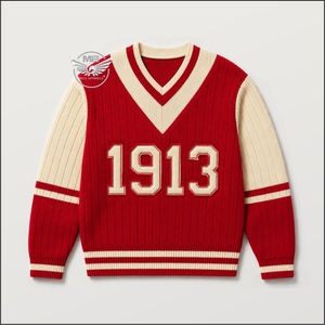 Nouveau pull en tricot plat rouge à col en V pour femme DST, broderie 1913, style vintage, manches longues, automne/hiver - Product Image 1