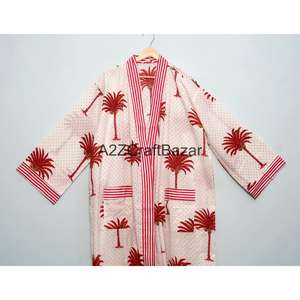 Bata Kimono de Algodón con Estampado Floral para Mujer, Cuello en V, Largo Completo, Mangas Tres Cuartos, Cierre con Cordón Delantero, Suave y Transpirable - Product Image 2