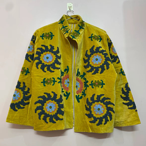 Indian Embroidery Short Boho White Velvet Suzani Embroidered Short Jacket Floral Suzani Bomber Women's Jacket - Product Image 1