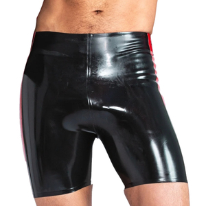Shorts en cuir verni noir pour homme, taille mi-haute, avec rayures rouges, en Spandex et Nylon, style séduction - Product Image 5