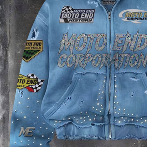Winter Embroidered Patch Acid Wash Streetwear Custom DTG Printed Rhinestone Zip Mens Heavyweight 100% Organic Cotton <b>Hoodie</b> - Product Image 3