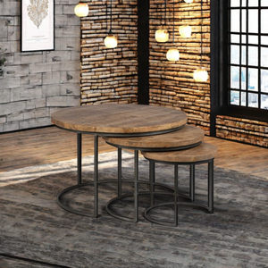 Modern Vintage Set of 3 Nesting <b>Coffee</b> <b>Tables</b> <b>Round</b> Design with Wooden Top and Metal Frame for Home Living Room - Product Image 4