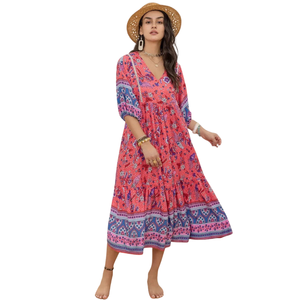 Vestido midi con estampado floral para mujer, vestido midi de manga larga - Product Image 1