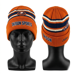 Bonnet de rugby en tricot acrylique premium 320 GSM, vert kaki rayé, avec logo brodé personnalisé, pour l'hiver - Product Image 2