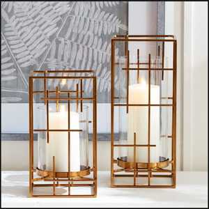 Ensemble de 2 bougeoirs dorés avec coupelles en verre, lanternes géométriques modernes pour la décoration intérieure - Product Image 1