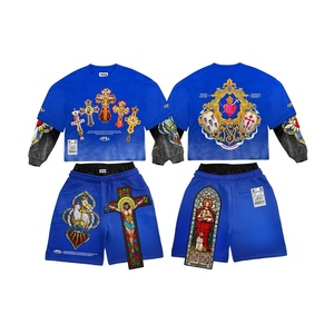 Conjunto de Sudadera con Capucha de Algodón 100% Transpirable de Corte Regular, Estilo Religioso, Liso, para Hombre, Top de Manga Larga y Pantalones Cortos - Product Image 2
