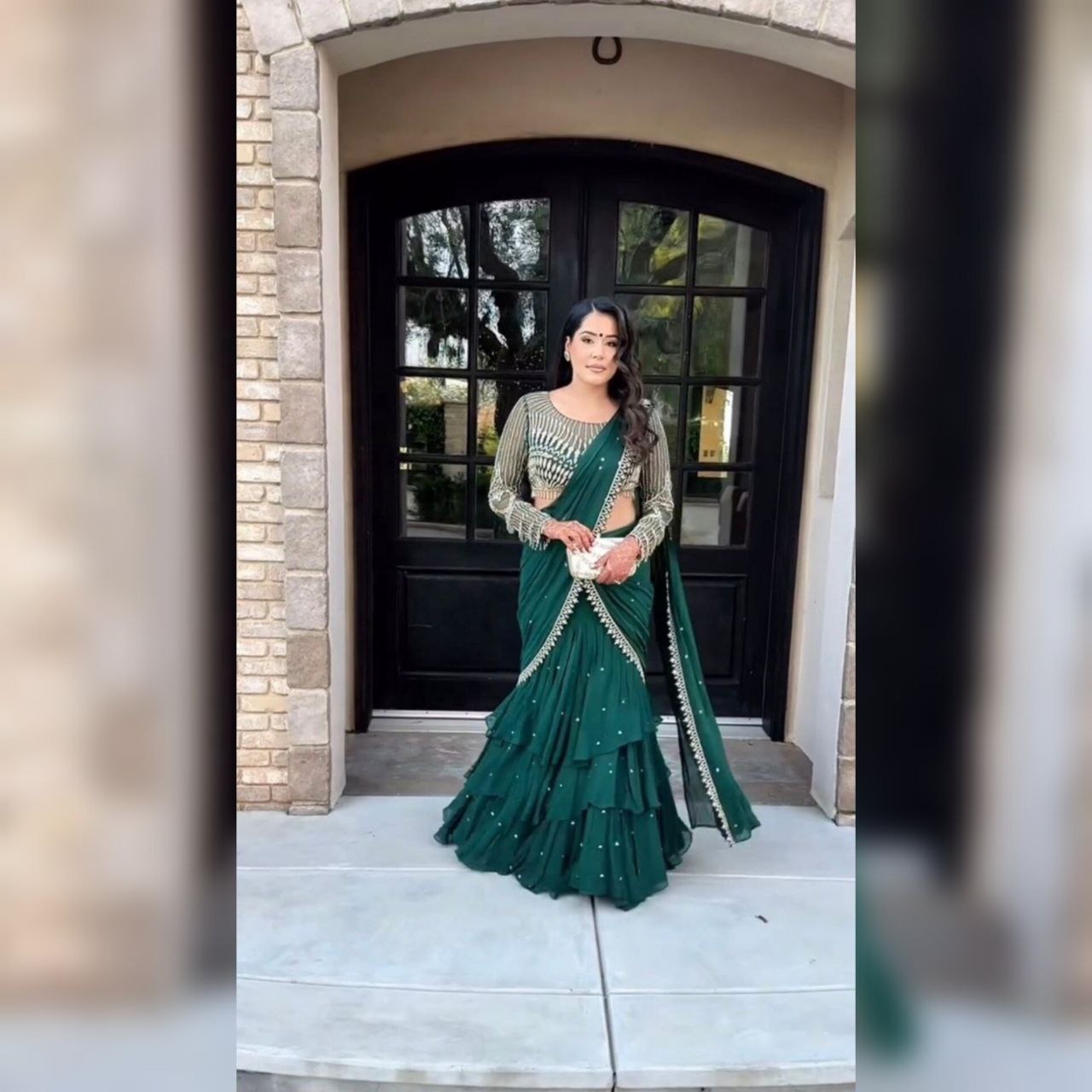 green saree dress design Bottle Green Designer Satin Silk Saree with Black unstitched Satin Silk blouse piece | Bridesmaids Saree | Sari