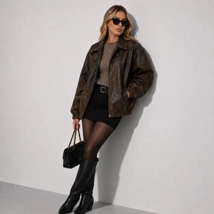 <b>Women</b>’s <b>Brown</b> <b>Leather</b> <b>Jacket</b>, Oversized Vintage <b>Jacket</b>, Relaxed Fit Bomber <b>Jacket</b>, Distressed <b>Brown</b> Outerwear - Product Image 1