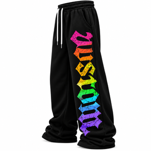 Pantalon de survêtement unisexe noir style Hip Hop, imprimé lettres craquelées gothiques, taille élastique à cordon, jambe large, écologique - Product Image 3