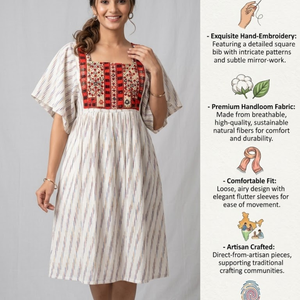 Robe courte bohème en coton et lin pour femme, imprimé Ikat, brodée, coupe ample, tunique artisanale pour l'été et la plage - Product Image 4