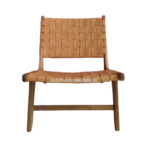 Sillón de cuero genuino marrón tejido de estilo moderno, madera maciza de teca para apartamento, salón, comedor, dormitorio, hogar, muebles de Hotel - Product Image 3