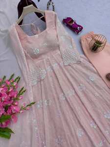 Robe Anarkali élégante pour femme, rose, brodée, avec sequins et bordure festonnée, tunique traditionnelle indienne pour mariage, fête, Aïd, séchage rapide - Product Image 6